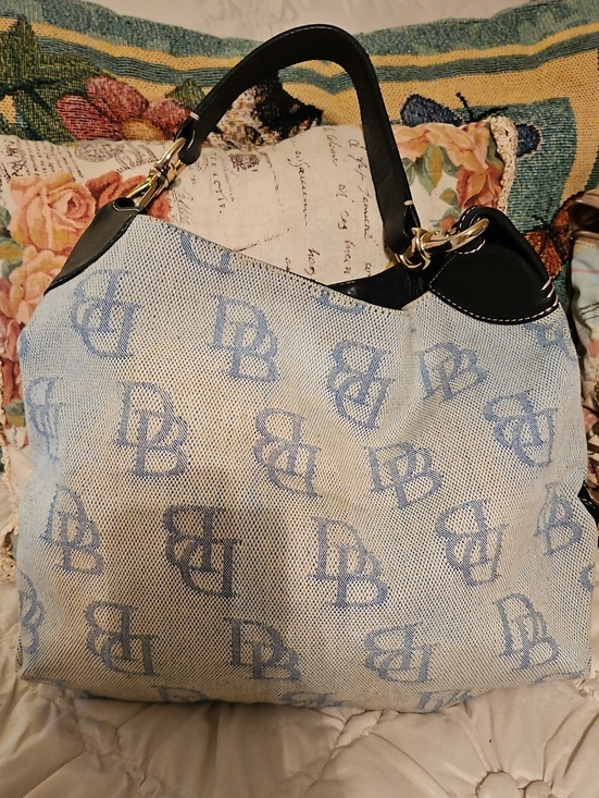 Dooney & Bourke Handbags - Designer-Inspired Blue & Cream Tote Bag with Black Leather Handles